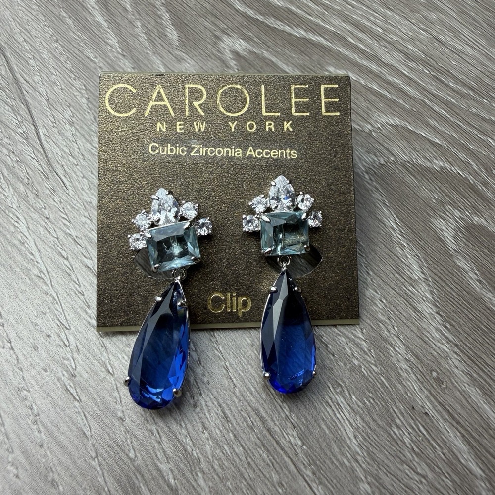 Carolee New York Blue Crystal Teardrop Clip On Drop Earrings Cubic Zirconia New